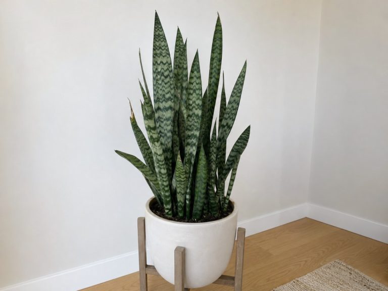 Espada-de-são-jorge em vaso, com folhas eretas em forma de espada e faixas verde-claras